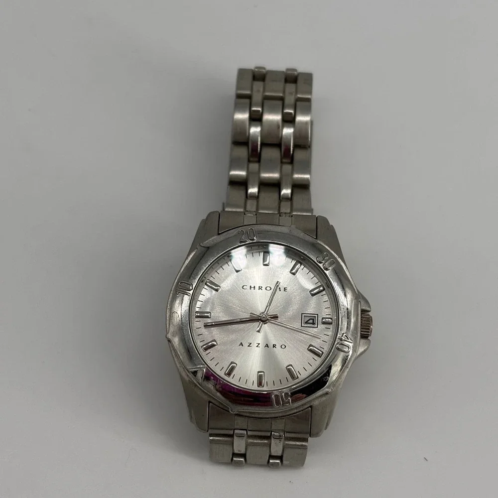 Azzaro‎ Chrome Mens Silver Stainless Steel Watch Japan Quartz Date 3ATM Untested